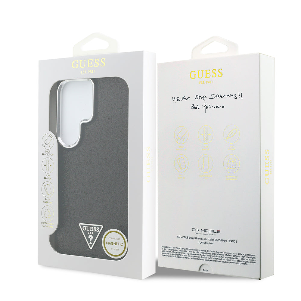 Galaxy S26 Ultra Kılıf Guess Orjinal Lisanslı M-safe Şarj Özellikli Metal Kamera Çerçeveli Üçgen Logolu Glitter Kapak Siyah
