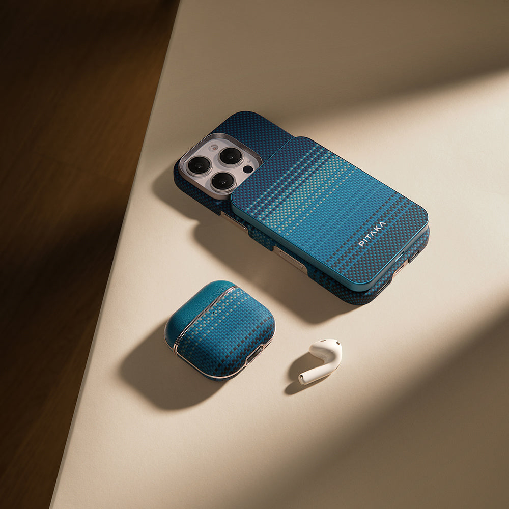 Apple Airpods Pro 2 Kılıf Aramid Fiber Pitaka Tactile Woven Sunset-Moonrise Serisi Sunset Kapak Mavi