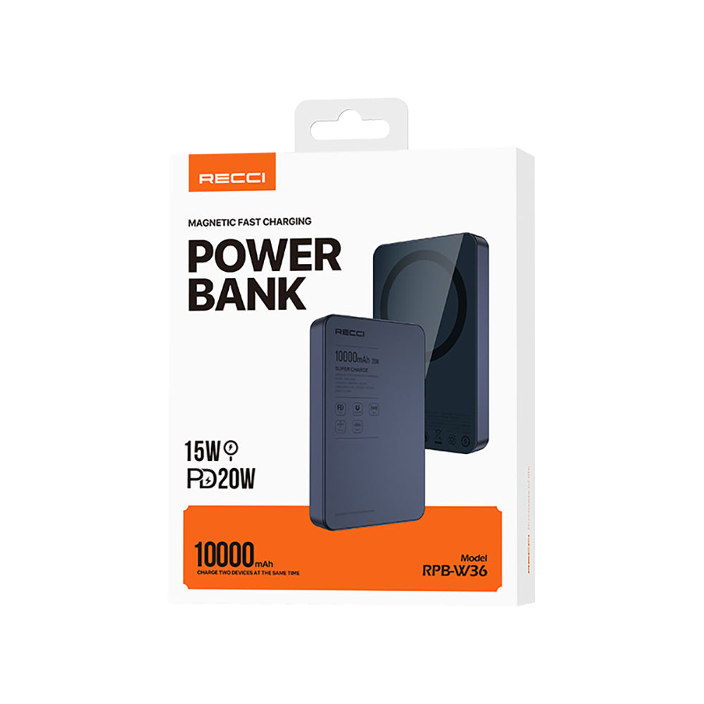 Recci RPB-W36 Ultra İnce PD 20W Hızlı Şarj Özellikli Wireless Powerbank 15W 10000mAh Mavi