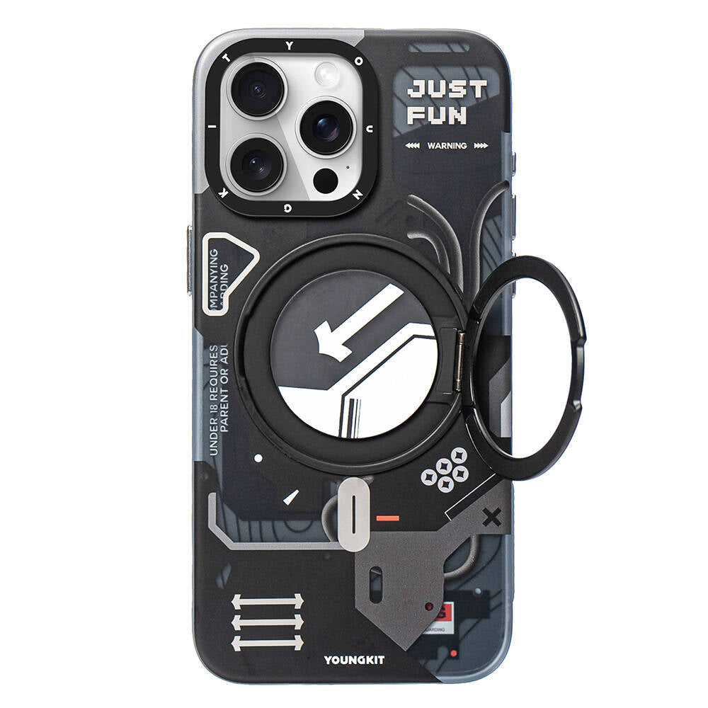 YOUNGKIT iPhone 15 Pro Max Magsafe Şarj Özellikli 360° Standlı Starship Serisi Siyah Kılıf