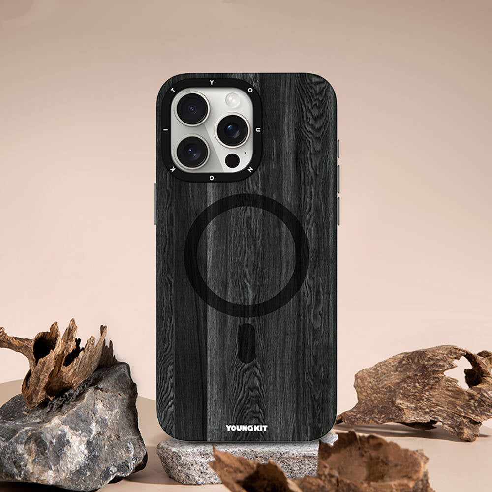 Magsafe Şarj Özellikli Sararmaya Dayanıklı Youngkit Wood Forest Serisi Siyah Kapak - enzaksesuar