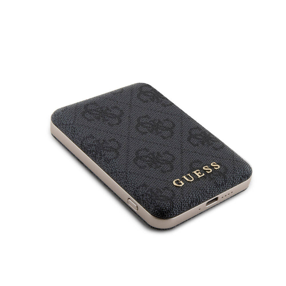 Guess Orjinal Lisanslı Magsafe Şarj Özellikli Yazı Logolu 4G Desenli Siyah Kapak +  Siyah Powerbank 5000mAh 2in1 Set - enzaksesuar