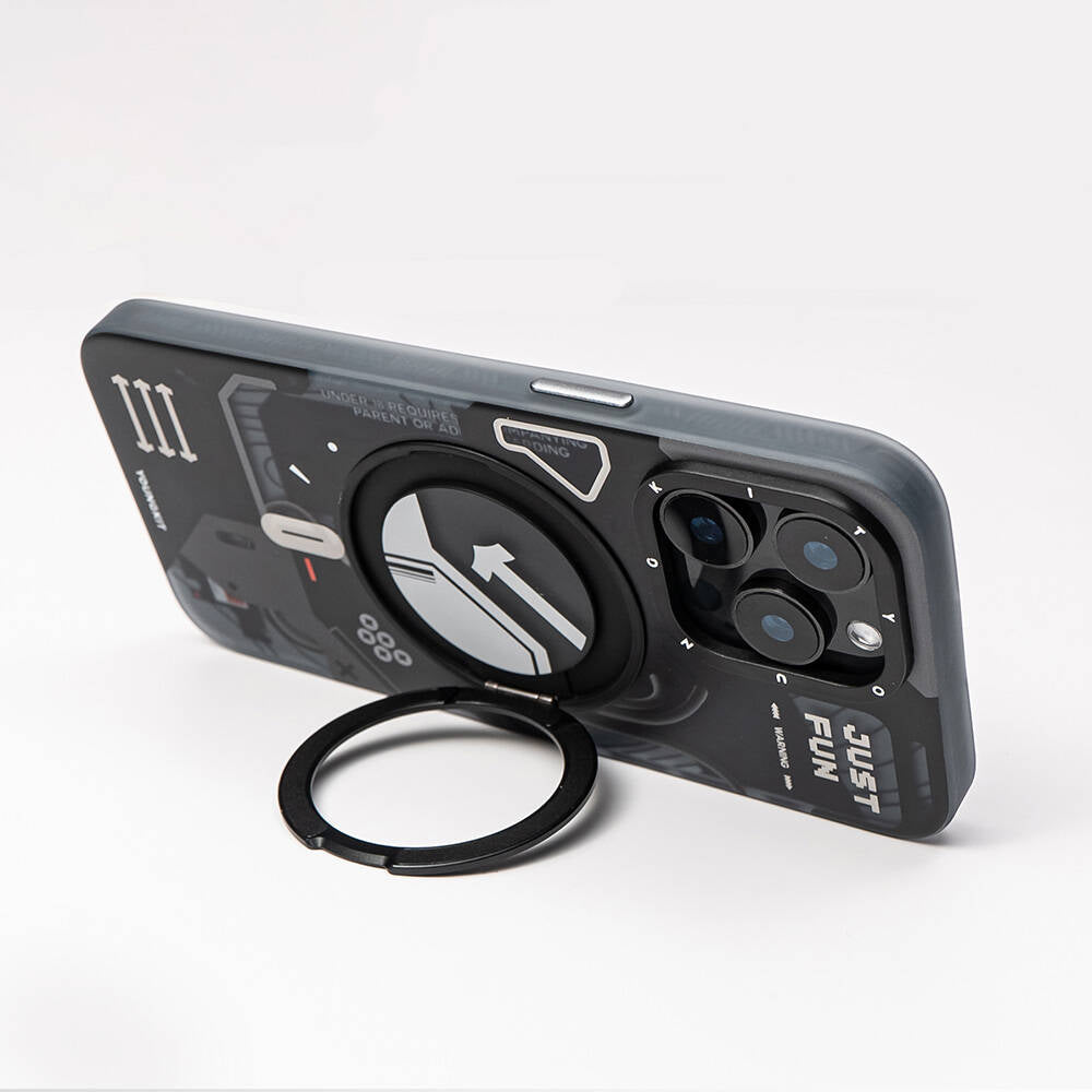 YOUNGKIT iPhone 15 Pro Magsafe Şarj Özellikli 360° Standlı Starship Serisi Siyah Kılıf