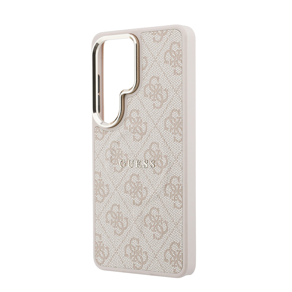 Galaxy S26 Ultra Kılıf Guess Orjinal Lisanslı M-safe Şarj Özellikli Metal Kamera Çerçeveli PU Deri 4G Desenli Yazı Logolu Kapak Pembe