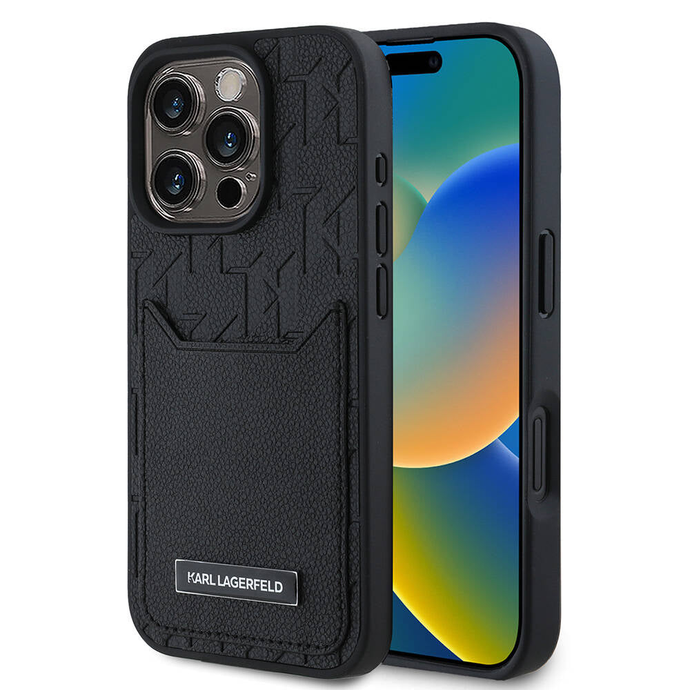 KARL LAGERFELD iPhone 16 Pro Max Orjinal Lisanslı Kartlıklı Monogram Sıcak Damgalı Elongated Logo Siyah Kılıf