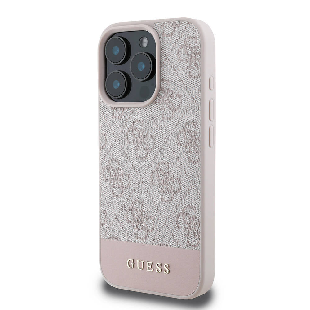 GUESS iPhone 16 Pro Orjinal Lisanslı Magsafe Şarj Özellikli PU Deri Şerit Logo Dizaynlı Pembe Kılıf