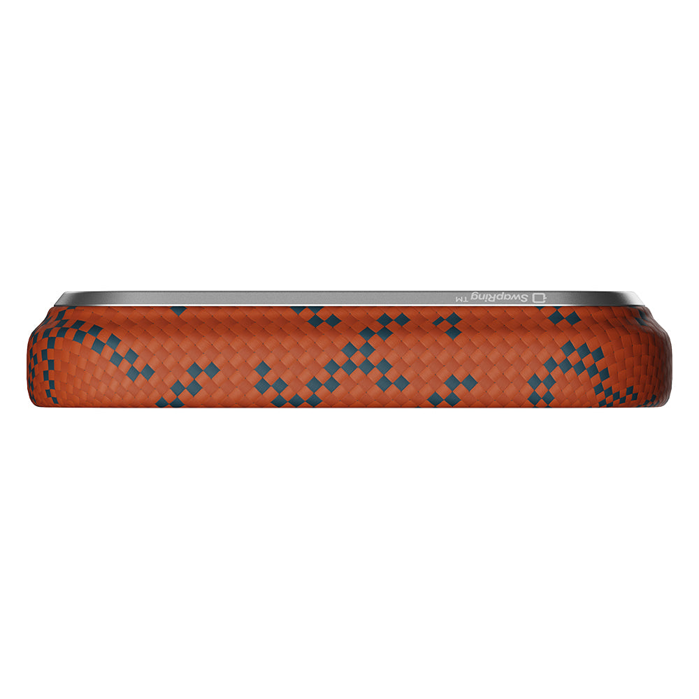 Apple iPhone 17 Pro Kılıf M-safe Şarj Özellikli Aramid Fiber Pitaka Tactile Woven Monogram Serisi Kapak Mavi-Turuncu
