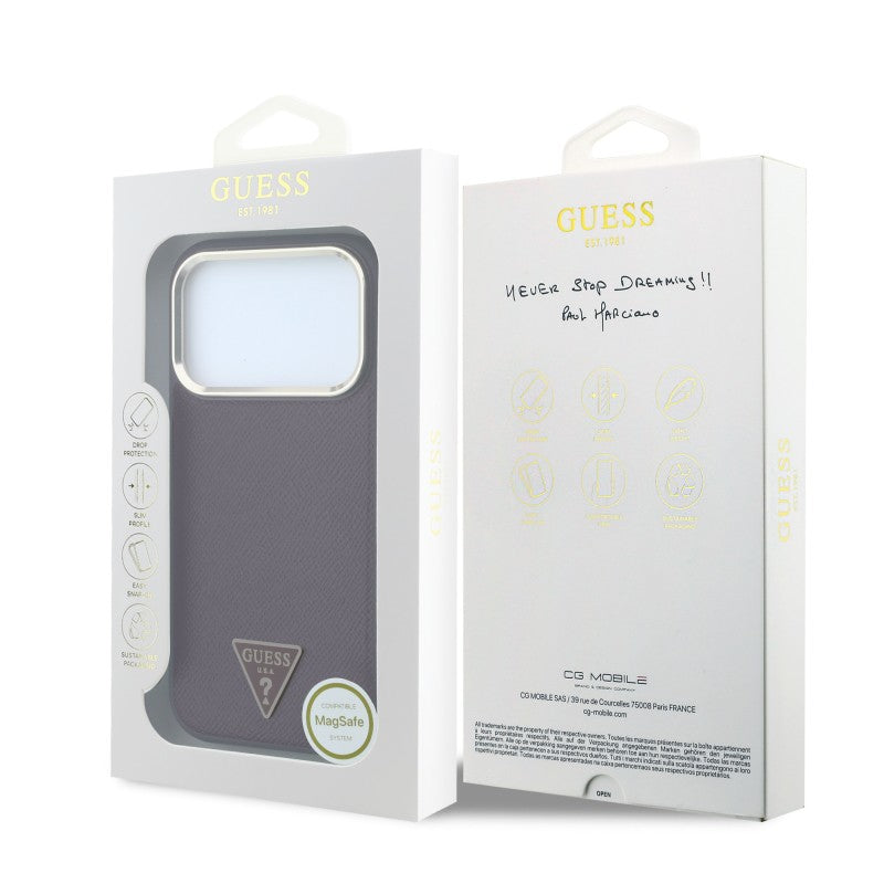 Apple iPhone 18 Pro Kılıf Guess Orjinal Lisanslı M-safe Şarj Özellikli Grained Triangle Kapak Bordo