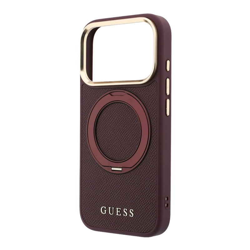 Apple iPhone 18 Pro Max Kılıf Guess Orjinal Lisanslı M-safe Şarj Özellikli 360 Derece Dönebilen Standlı PU Metal Yazı Logolu Kapak