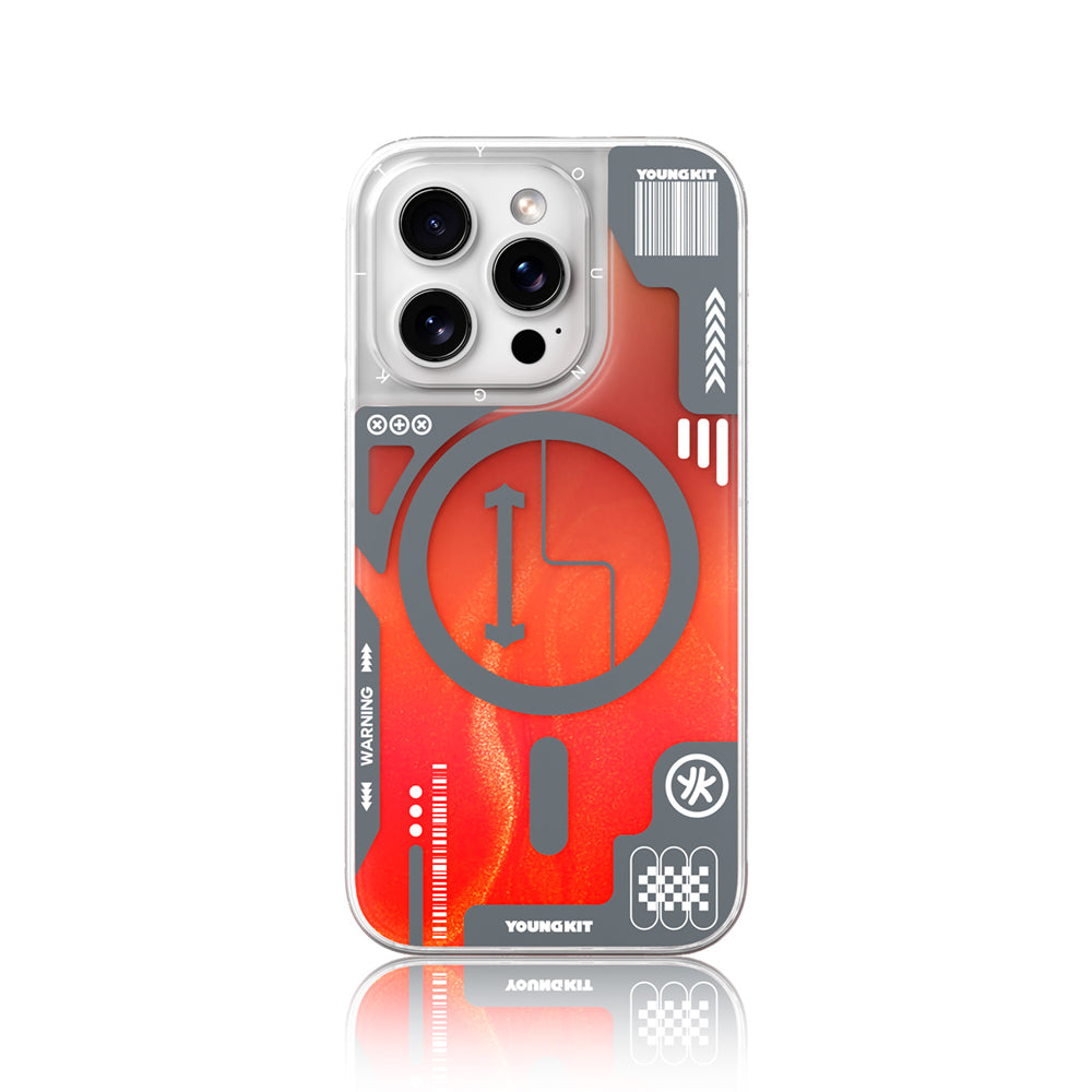 YOUNGKİT iPhone 16 Pro Max Magsafe Şarj Özellikli Parlak Kumlu Sıvılı Tasarımlı Galaxy Fantasy Serisi Turuncu Kılıf