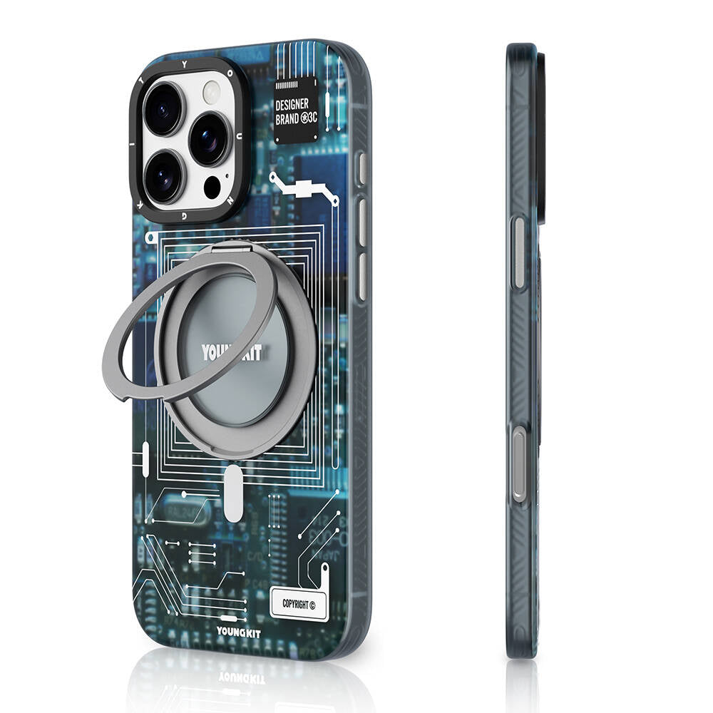 YOUNGKİT iPhone 16 Pro Max Magsafe Şarj Özellikli 360° Standlı Technology Serisi Mavi Kılıf