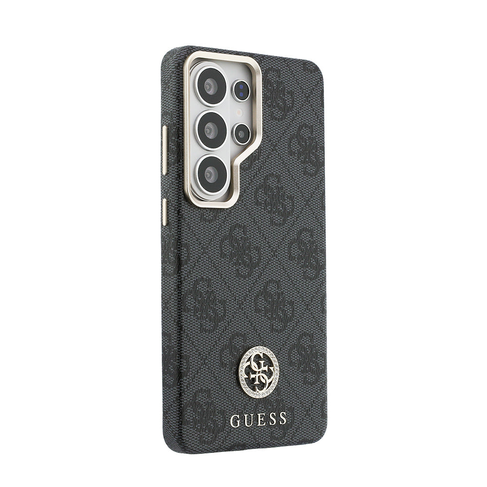 Galaxy S26 Ultra Kılıf Guess Orjinal Lisanslı M-safe Şarj Özellikli Gold Metal Kamera Çerçeveli Taşlı 4G Logolu Kapak Siyah