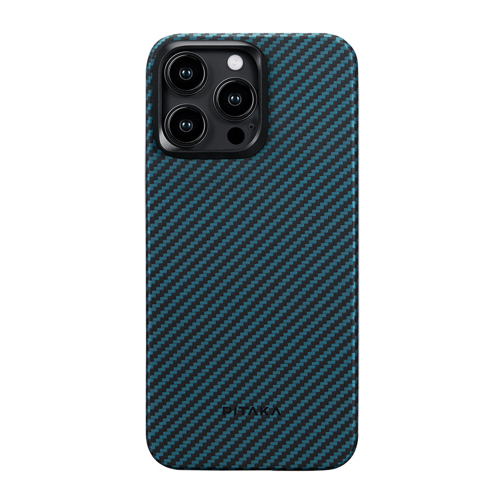 PİTAKA Magsafe Şarj Özellikli iPhone 15 Pro 1500D Aramid Fiber Pitaka Ultra-Slim Classic Serisi Black-Blue Twill Kapak