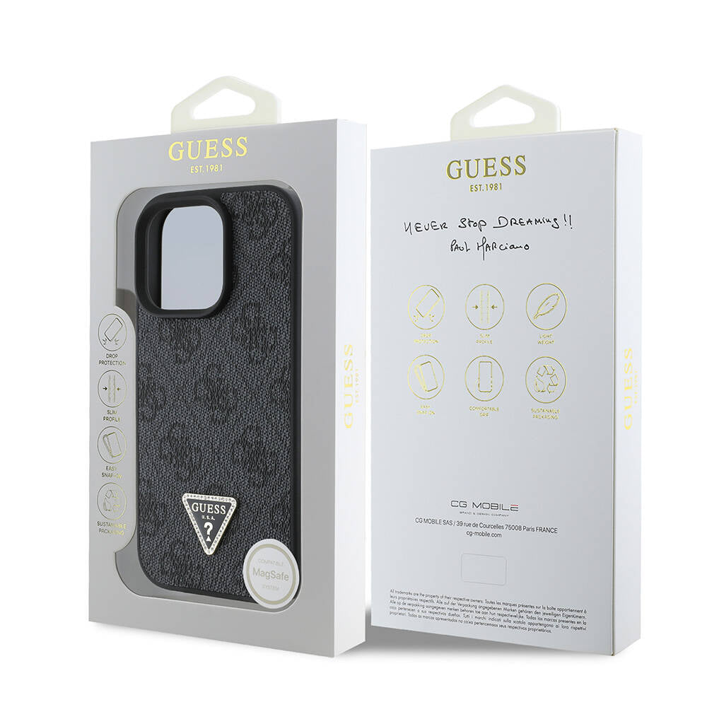 GUESS iPhone 16 Pro Orjinal Lisanslı Magsafe Şarj Özellikli PU Deri 4G Desenli Taşlı Üçgen Logolu Siyah Kılıf