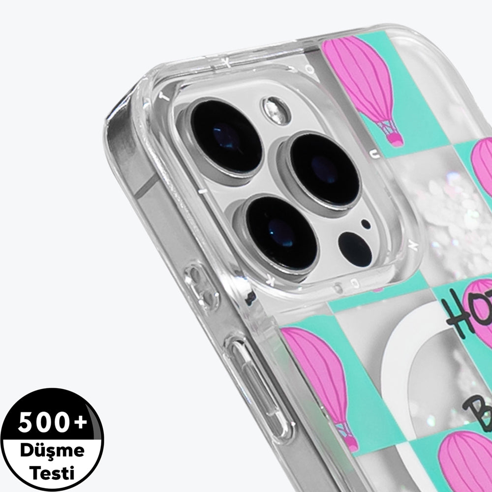 YOUNGKIT iPhone 16 Pro Max Magsafe Şarj Özellikli Parlak Kumlu Sıvılı Pink Dream Quicksand Serisi Turkuaz Kılıf