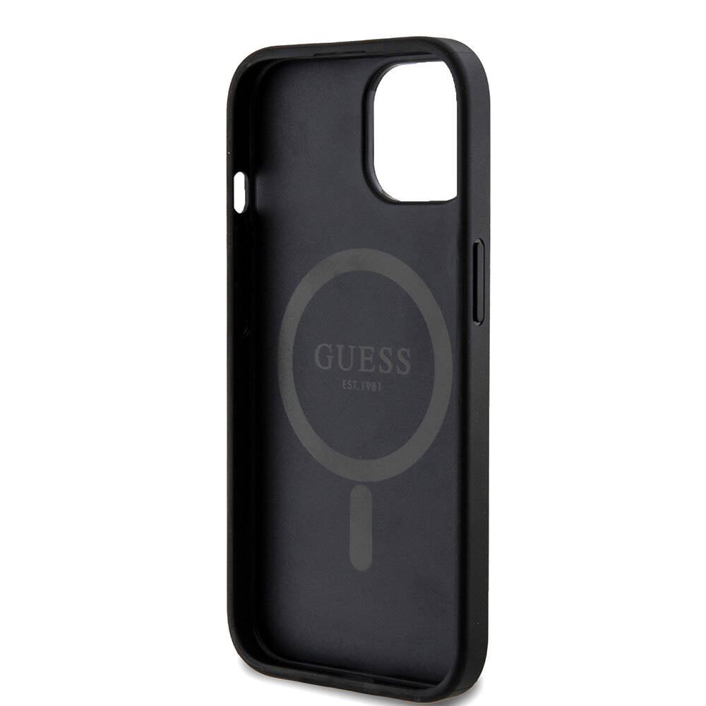 GUESS iPhone 14 Orjinal Lisanslı Magsafe Şarj Özellikli 4G Desenli Yazı Logolu Siyah Kılıf