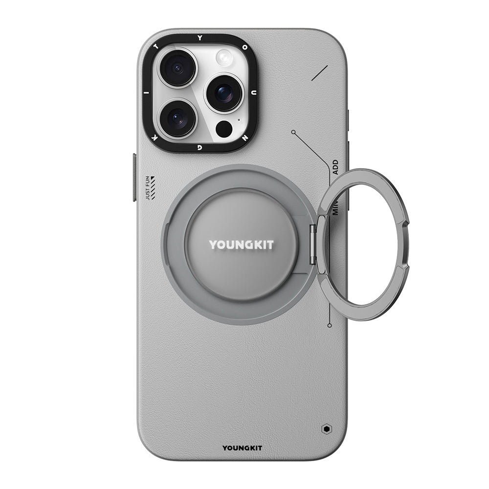 YOUNGKİT iPhone 15 Pro Magsafe Uyumlu 360° Standlı Tech Leather Gri Kılıf
