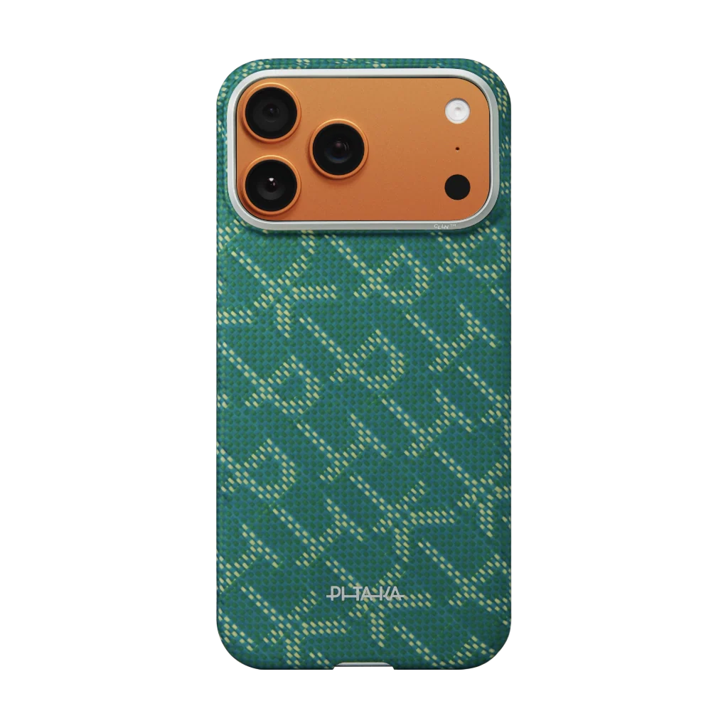 Apple iPhone 17 Pro Max Kılıf M-safe Şarj Özellikli Aramid Fiber Pitaka Tactile Woven Monogram Serisi Kapak Yeşil