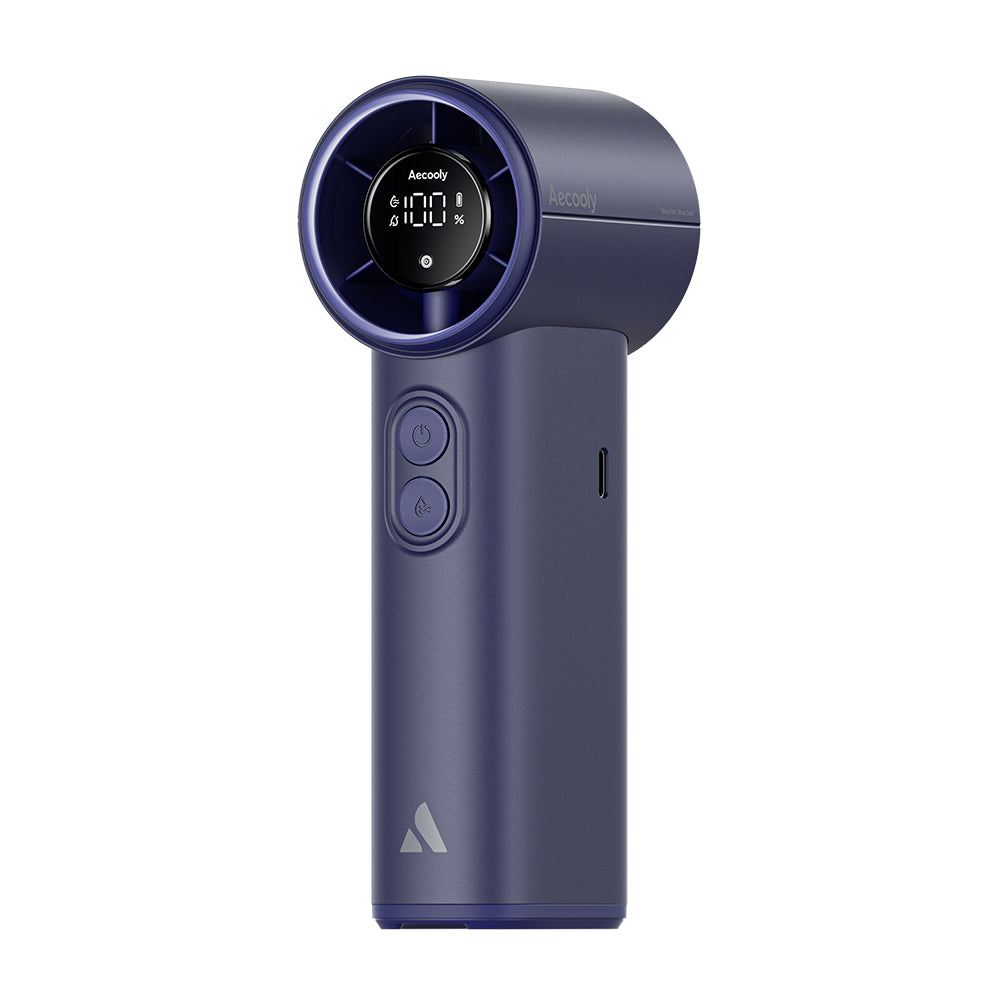 Aecooly PM02 Dijital LED Göstergeli Mist Chill Özellikli 5 Kademeli Portatif Soğutucu El Fanı Lacivert