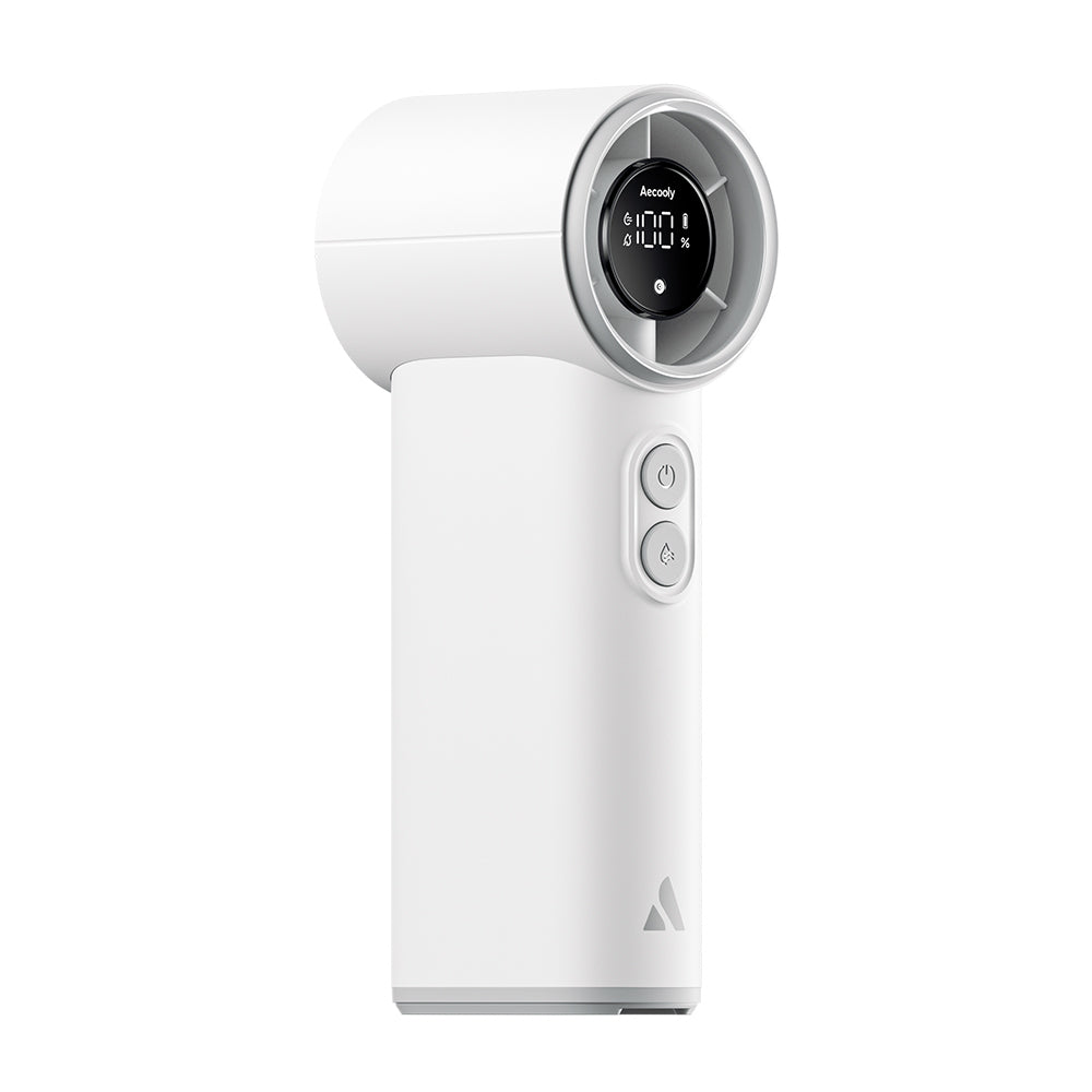 Aecooly PM02 Dijital LED Göstergeli Mist Chill Özellikli 5 Kademeli Portatif Soğutucu El Fanı Beyaz
