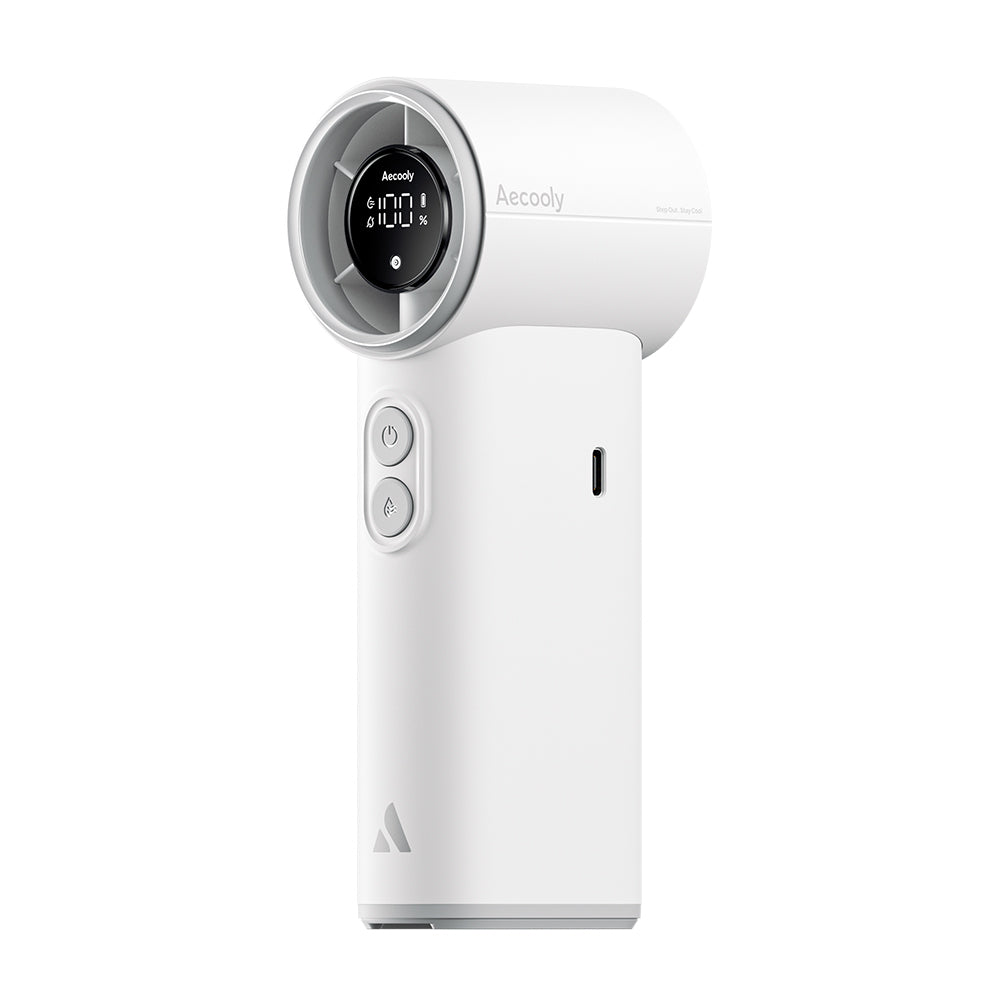 Aecooly PM02 Dijital LED Göstergeli Mist Chill Özellikli 5 Kademeli Portatif Soğutucu El Fanı Beyaz