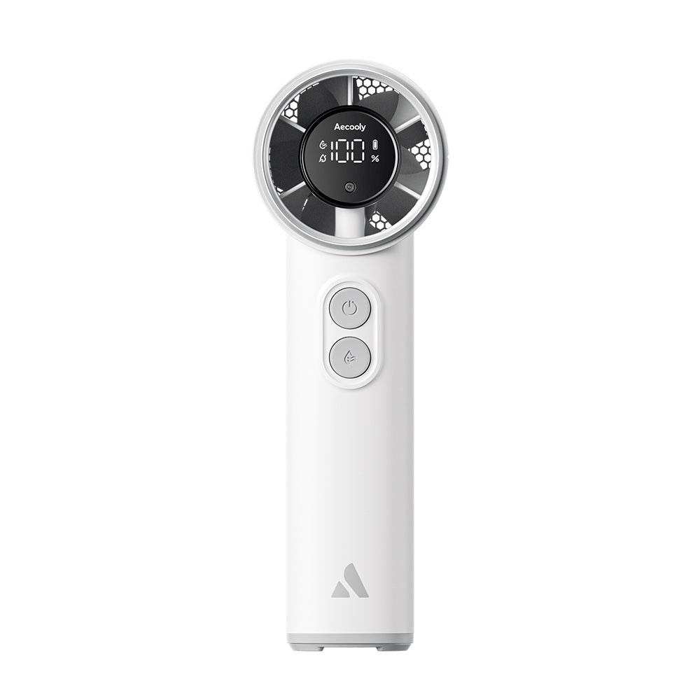 Aecooly PM02 Dijital LED Göstergeli Mist Chill Özellikli 5 Kademeli Portatif Soğutucu El Fanı Beyaz