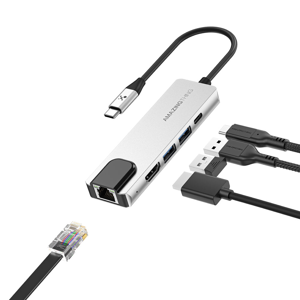 Amazingthing Thunder Pro RJ45 Type-c to HDTV 5 in 1 4K 60Hz Ethernet Dönüştürücü Adaptör Gri