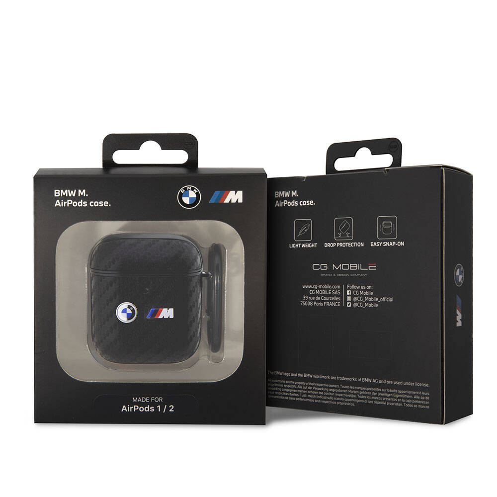 Airpods Kılıf BMW Orjinal Lisanslı PU Karbon Fiber Tasarımlı Çift Metal Logolu Kılıf Siyah