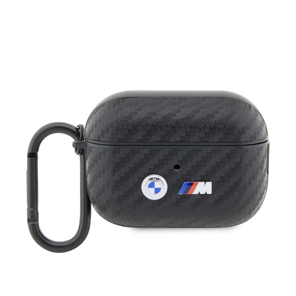 Airpods Pro 2 Kılıf BMW Orjinal Lisanslı PU Karbon Fiber Tasarımlı Çift Metal Logolu Kılıf Siyah