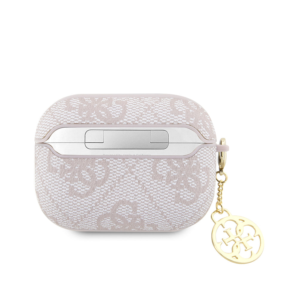 Apple Airpods Pro 3 Kılıf Guess Orjinal Lisanslı 4G Desenli Metal Script Logolu 4G Charm PU Deri Kapak Pembe