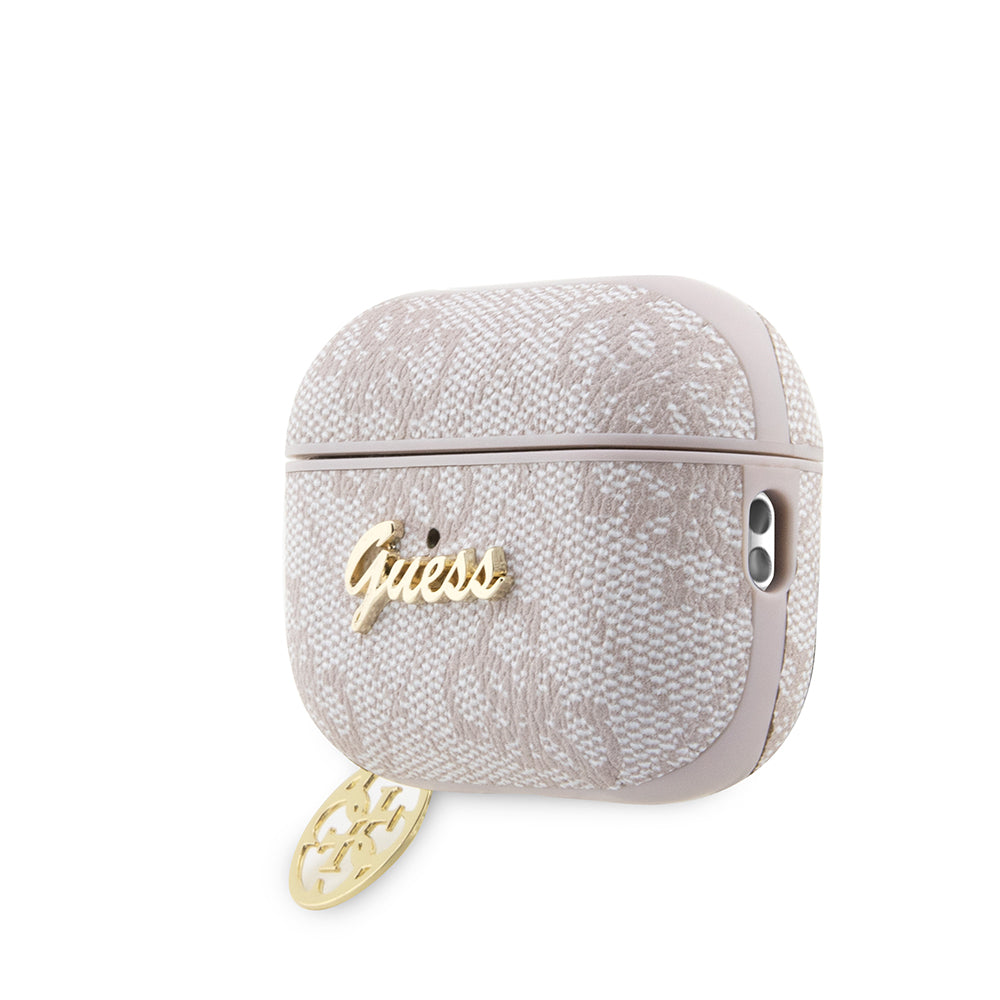 Apple Airpods Pro 3 Kılıf Guess Orjinal Lisanslı 4G Desenli Metal Script Logolu 4G Charm PU Deri Kapak Pembe