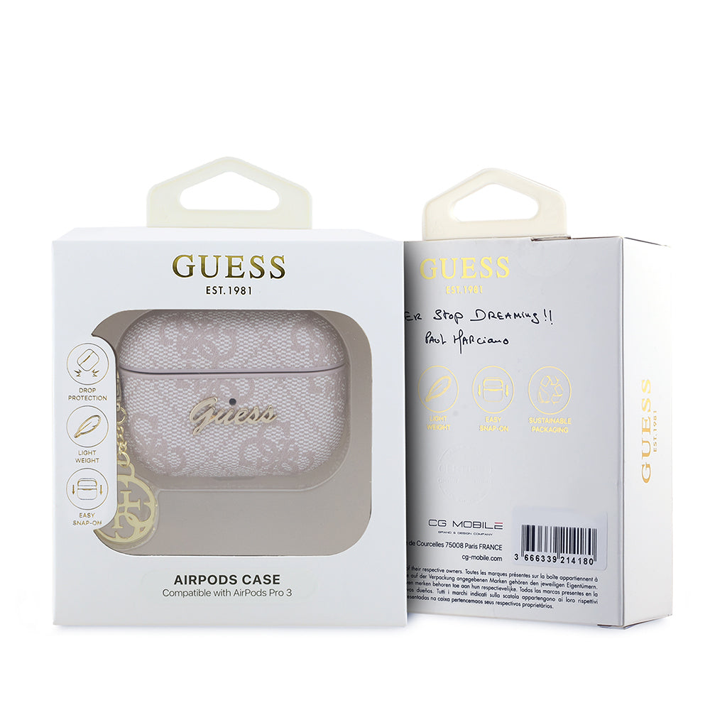 Apple Airpods Pro 3 Kılıf Guess Orjinal Lisanslı 4G Desenli Metal Script Logolu 4G Charm PU Deri Kapak Pembe