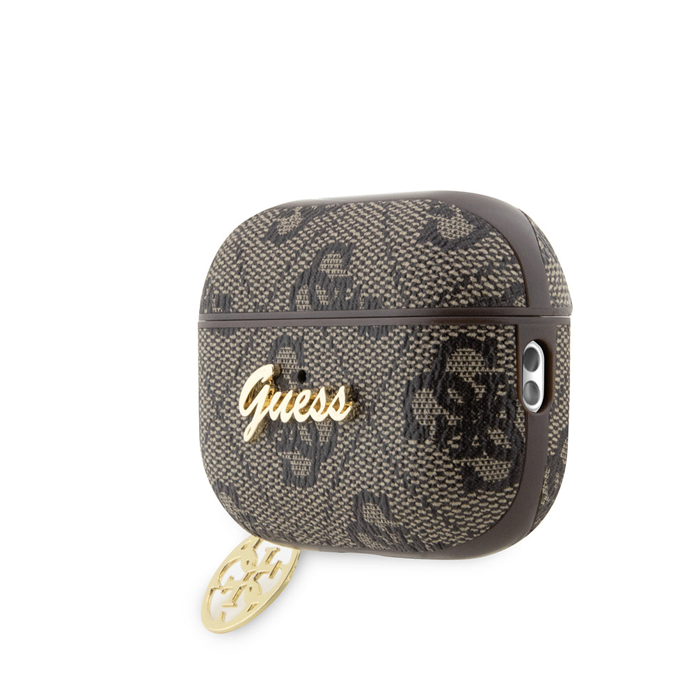 Apple Airpods Pro 3 Kılıf Guess Orjinal Lisanslı 4G Desenli Metal Script Logolu 4G Charm PU Deri Kapak Kahverengi