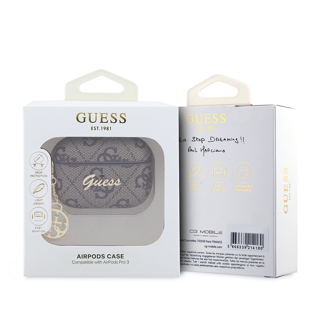 Apple Airpods Pro 3 Kılıf Guess Orjinal Lisanslı 4G Desenli Metal Script Logolu 4G Charm PU Deri Kapak Kahverengi