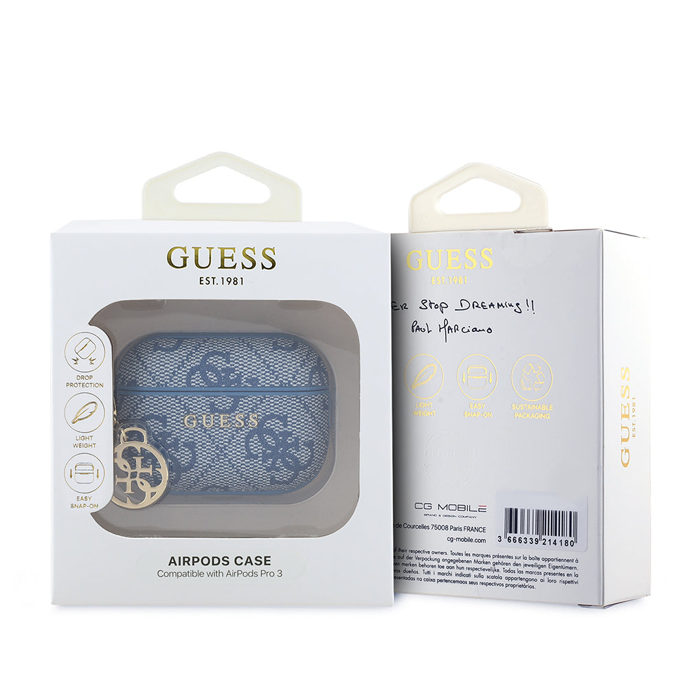 Apple Airpods Pro 3 Kılıf Guess Orjinal Lisanslı PU Deri 4G Desenli 4G Sade Askılı Kılıf Mavi
