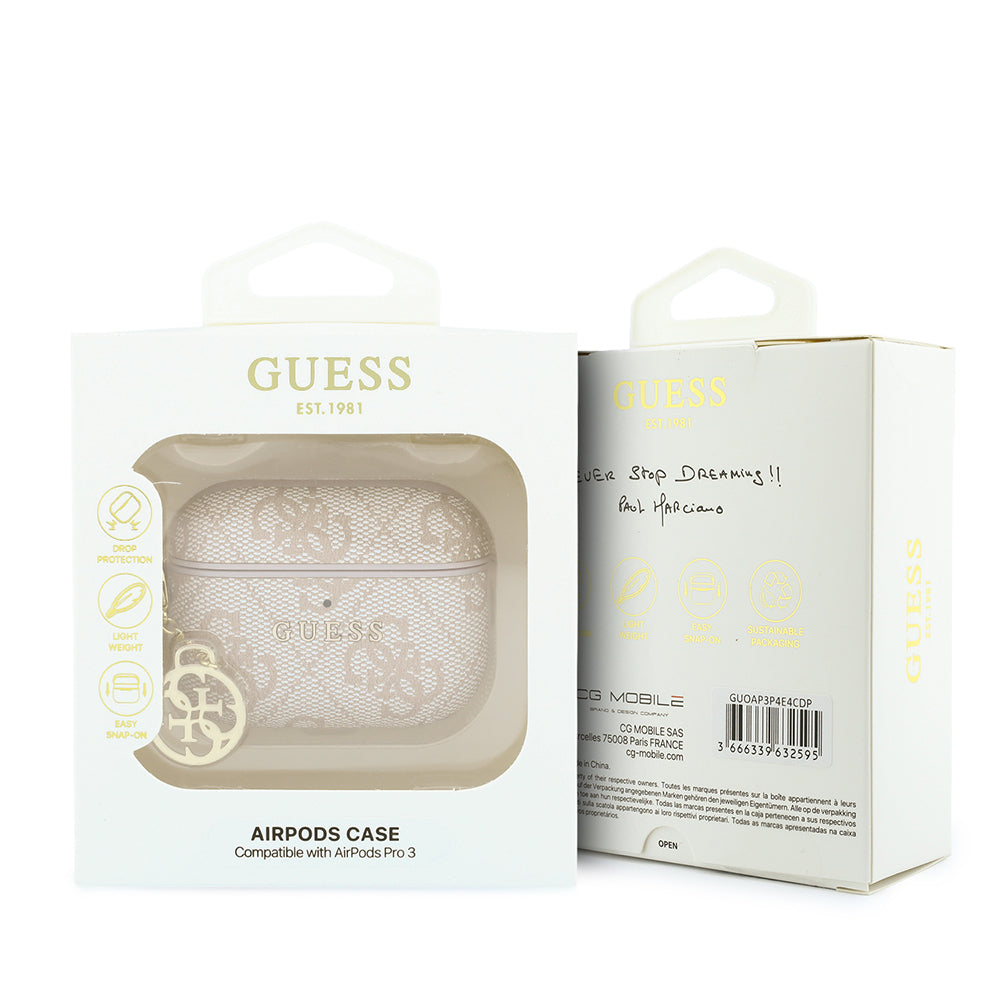 Apple Airpods Pro 3 Kılıf Guess Orjinal Lisanslı PU Deri 4G Desenli 4G Sade Askılı Kılıf Pembe