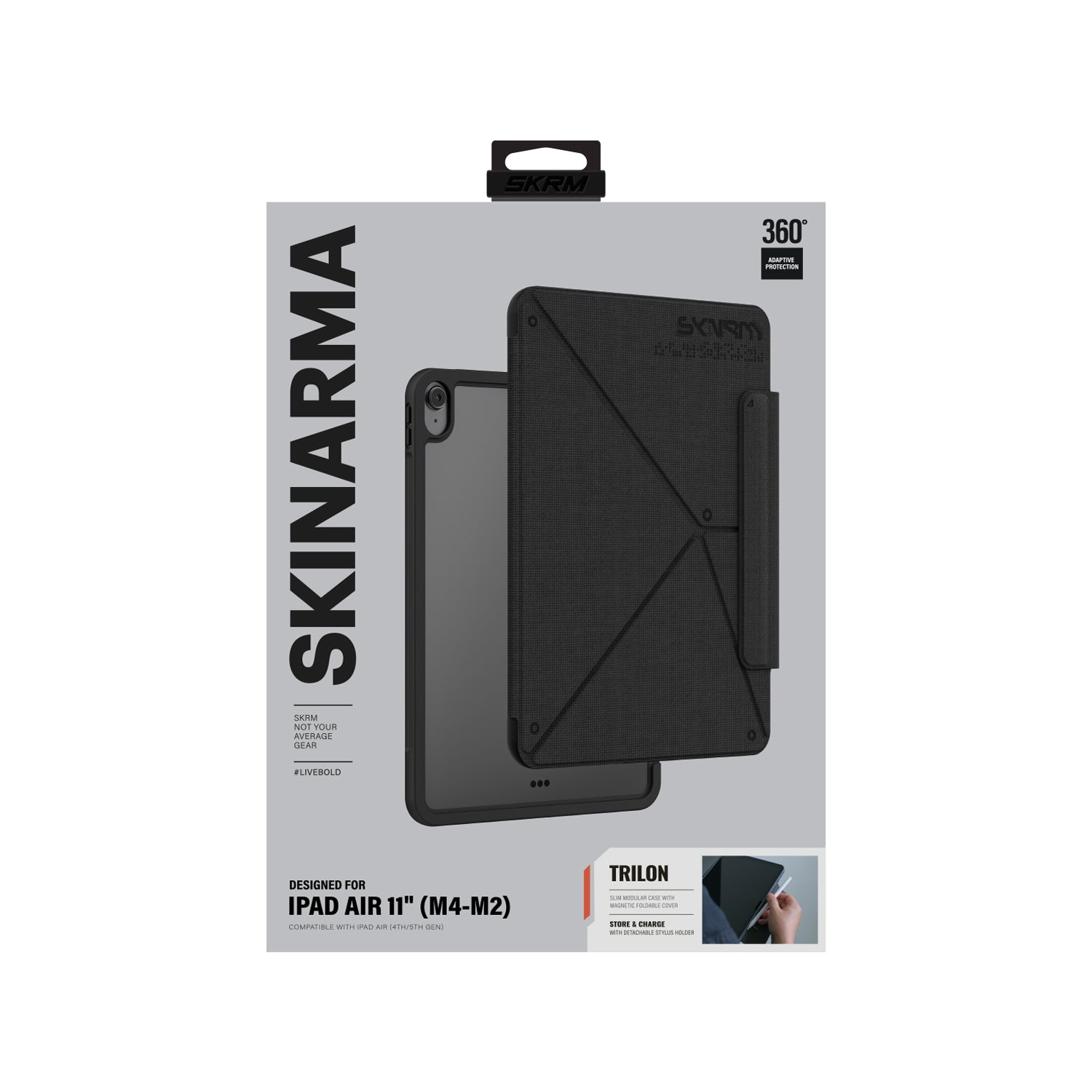 Apple iPad Air 11 2026 M4 Kılıf Skinarma Kalemlikli Dokulu Tasarım Standlı Magnetik Trilon Kılıf Siyah