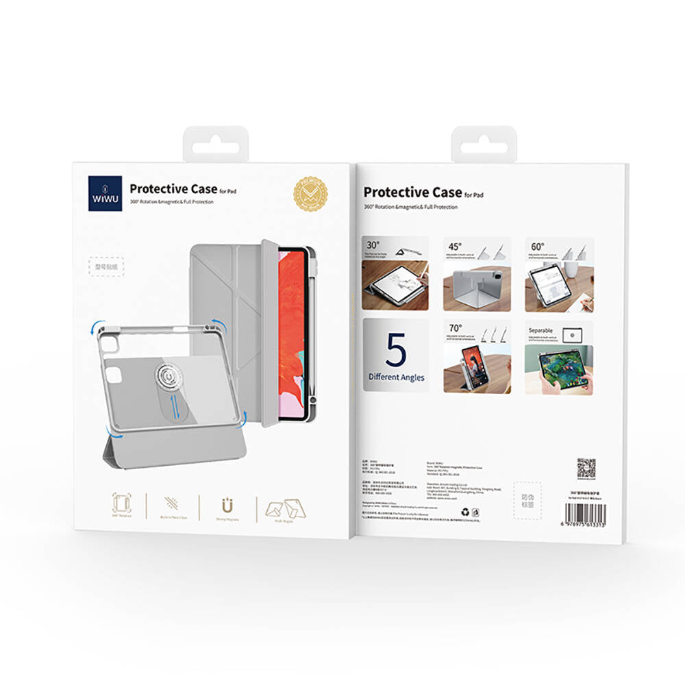 iPad Air 12.9 2022 M2 Wiwu 360° Dönebilen Standlı Magnetik Koruyucu Tablet Kılıfı Gri