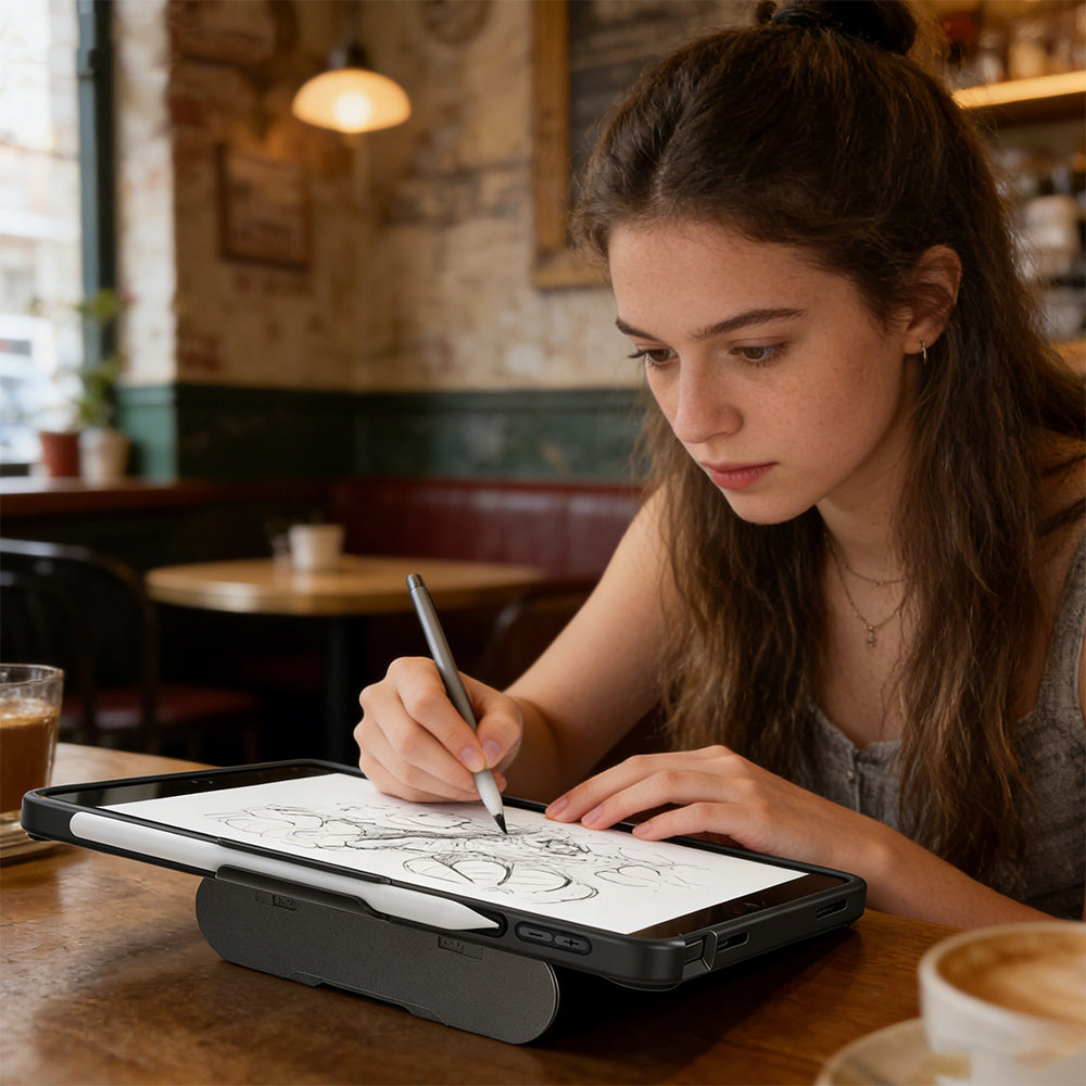 Apple iPad Pro 11 2020 (2.Nesil) Mutural AlloyKick Serisi Kalem Bölmeli Alüminyum Standlı Tablet Kılıfı Siyah