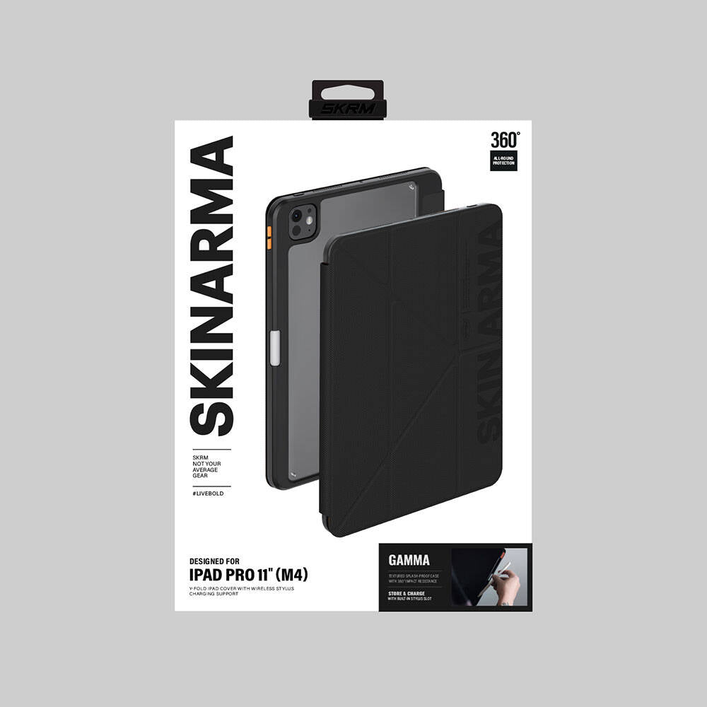 iPad Pro 11 2024 Kılıf SkinArma Kabartma Baskı Tasarımlı 360 Tam Koruma Arkası Şeffaf Standlı Gamma Kılıf Siyah