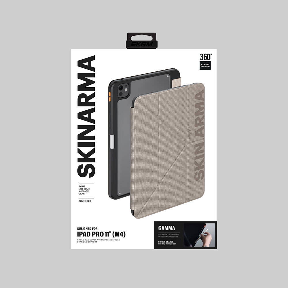 Apple iPad Pro 11 2025 M5 Kılıf SkinArma Kabartma Baskı Tasarımlı 360 Tam Koruma Arkası Şeffaf Standlı Gamma Kılıf Gold