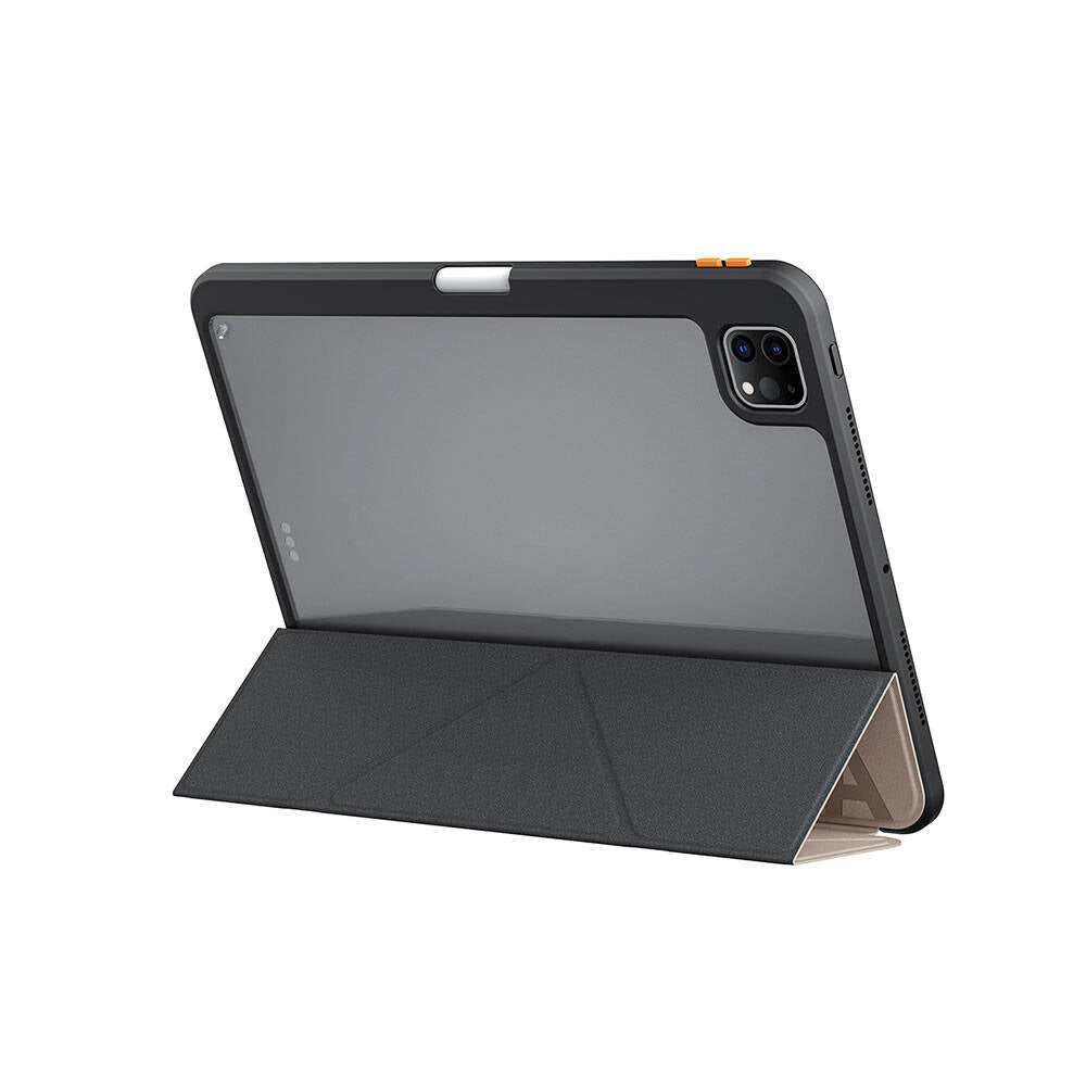 Apple iPad Pro 11 2025 M5 Kılıf SkinArma Kabartma Baskı Tasarımlı 360 Tam Koruma Arkası Şeffaf Standlı Gamma Kılıf Gold