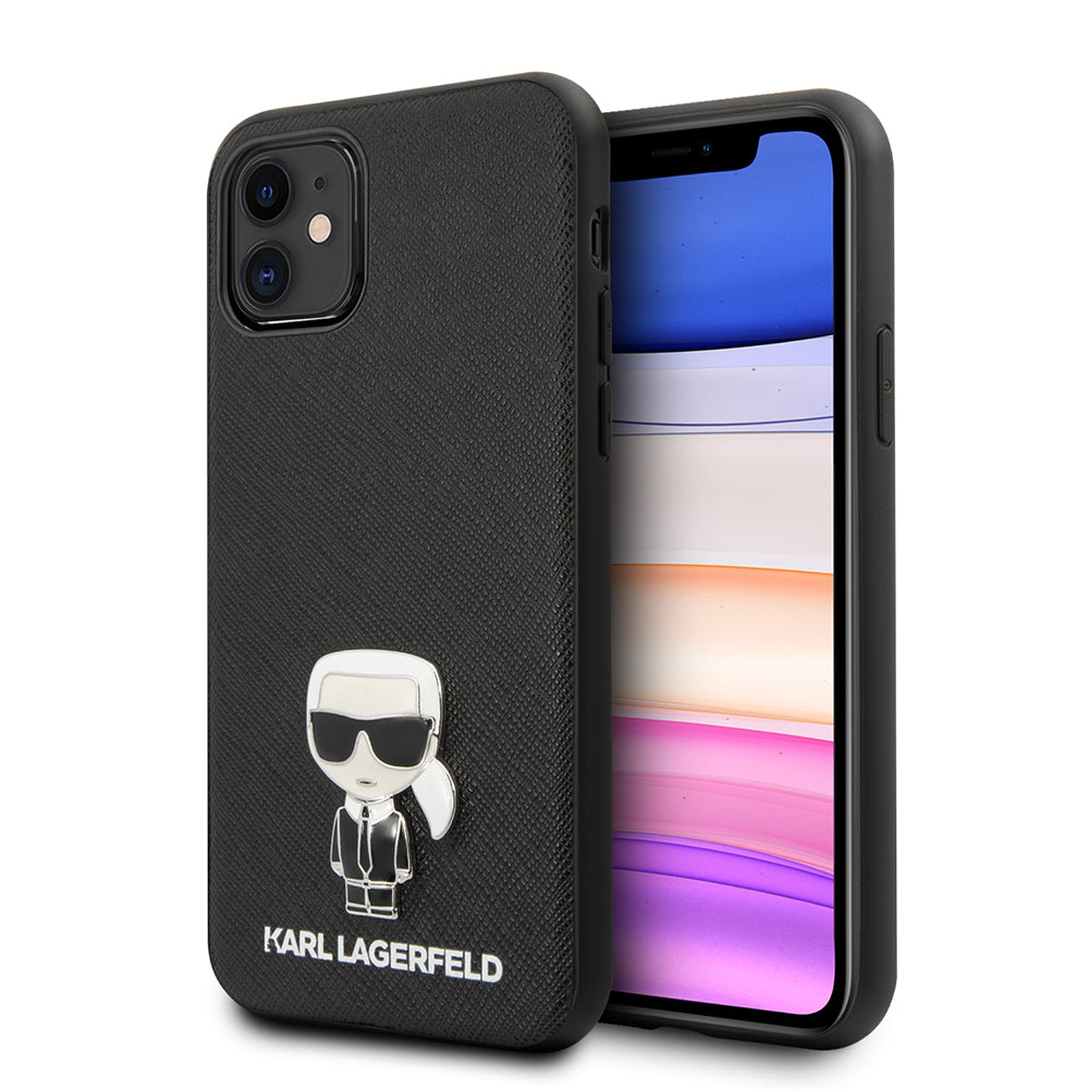 iPhone 11 Kılıf Karl Lagerfeld PU Suni Deri Karl Dizayn Kılıf Siyah