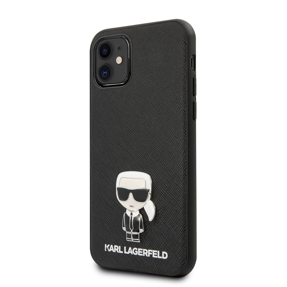 iPhone 11 Kılıf Karl Lagerfeld PU Suni Deri Karl Dizayn Kılıf Siyah