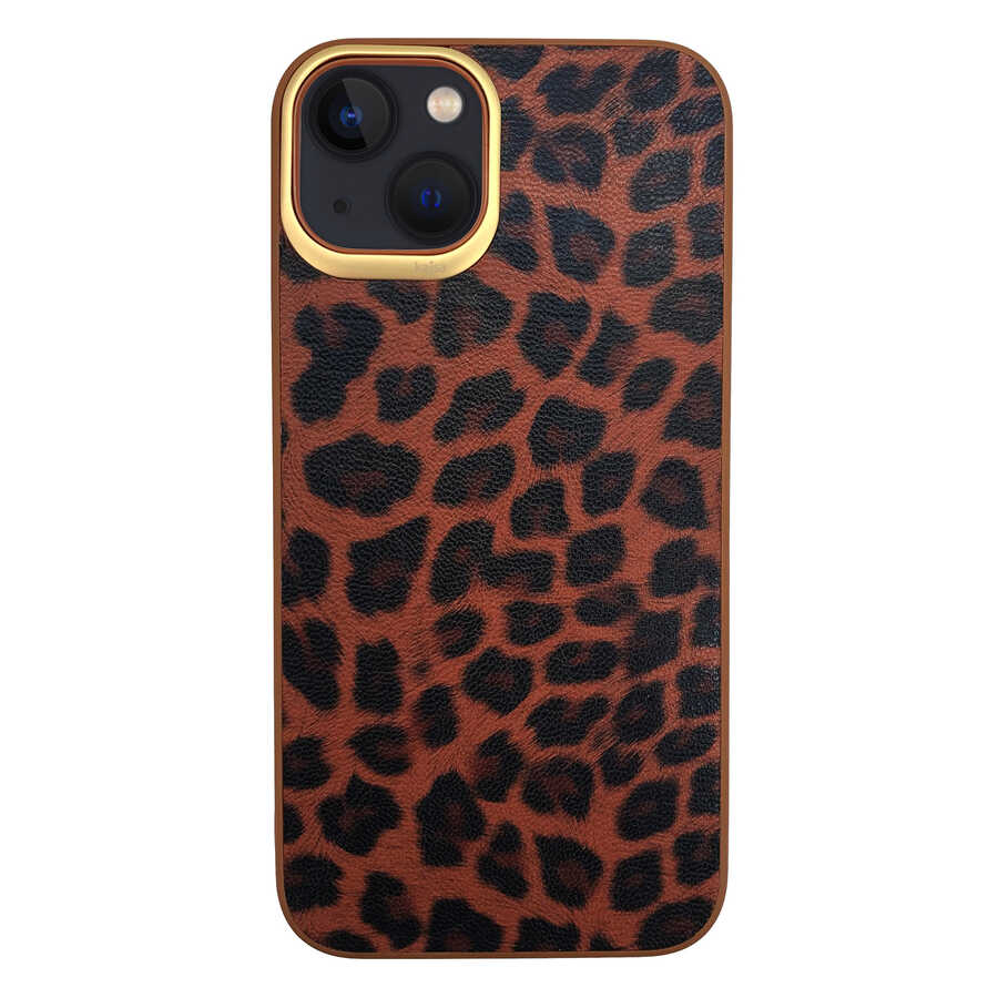 iPhone 13 Kılıf Kajsa Glamorous Serisi Leopard Combo Kılıf Kahverengi
