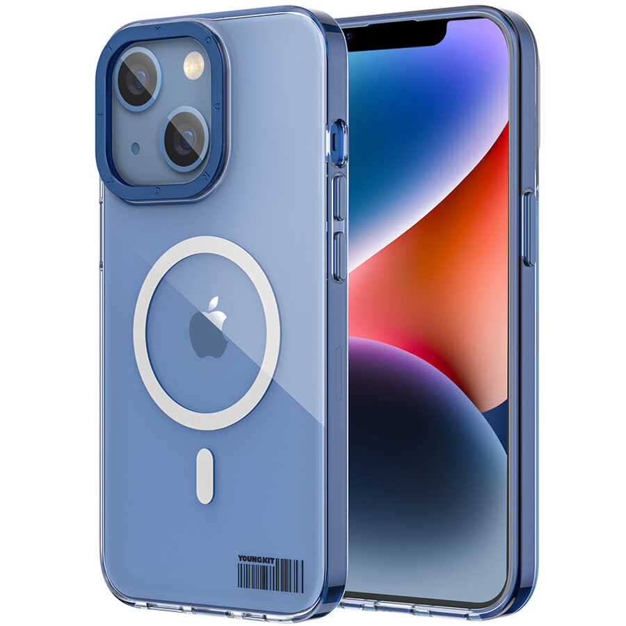 iPhone 13 Kılıf Magsafe Şarj Özellikli Youngkit Coloured Glaze Serisi Kılıf Mavi