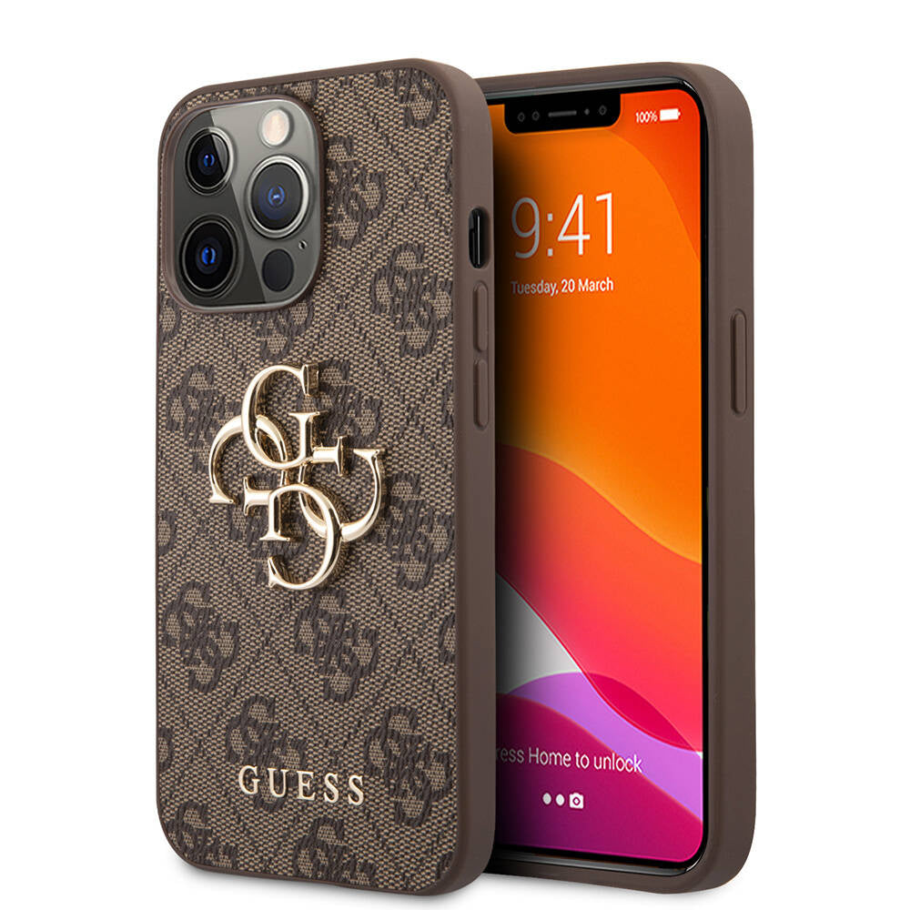 Apple iPhone 13 Pro Kılıf Guess Orjinal Lisanslı PU Deri 4G Desenli Metal Büyük 4G ve Yazı Logolu Kapak Kahverengi