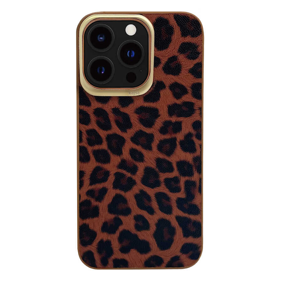 iPhone 13 Pro Kılıf Kajsa Glamorous Serisi Leopard Combo Kılıf Kahverengi