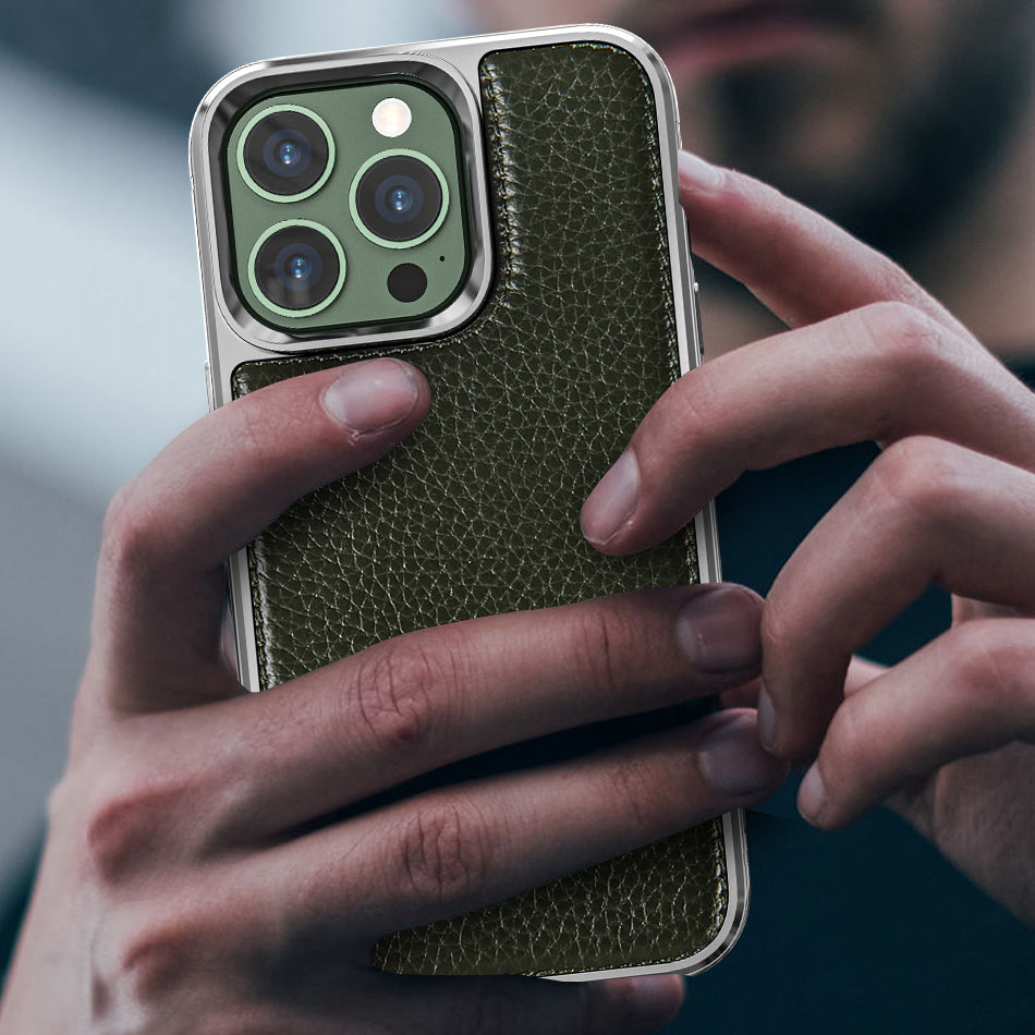 iPhone 13 Pro Kılıf Wiwu Genuine Leather Silver Calfskin Orjinal Deri Kılıf Siyah