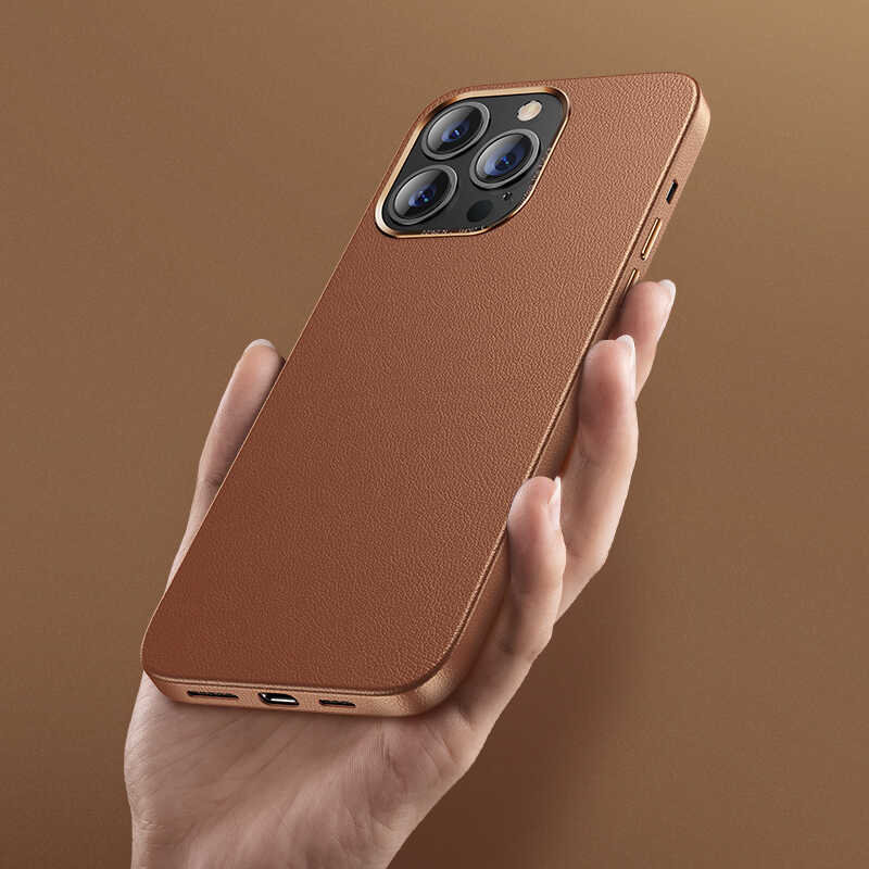 iPhone 13 Pro Max Kılıf Benks Magnetic Hakiki Deri Kılıf Kahverengi